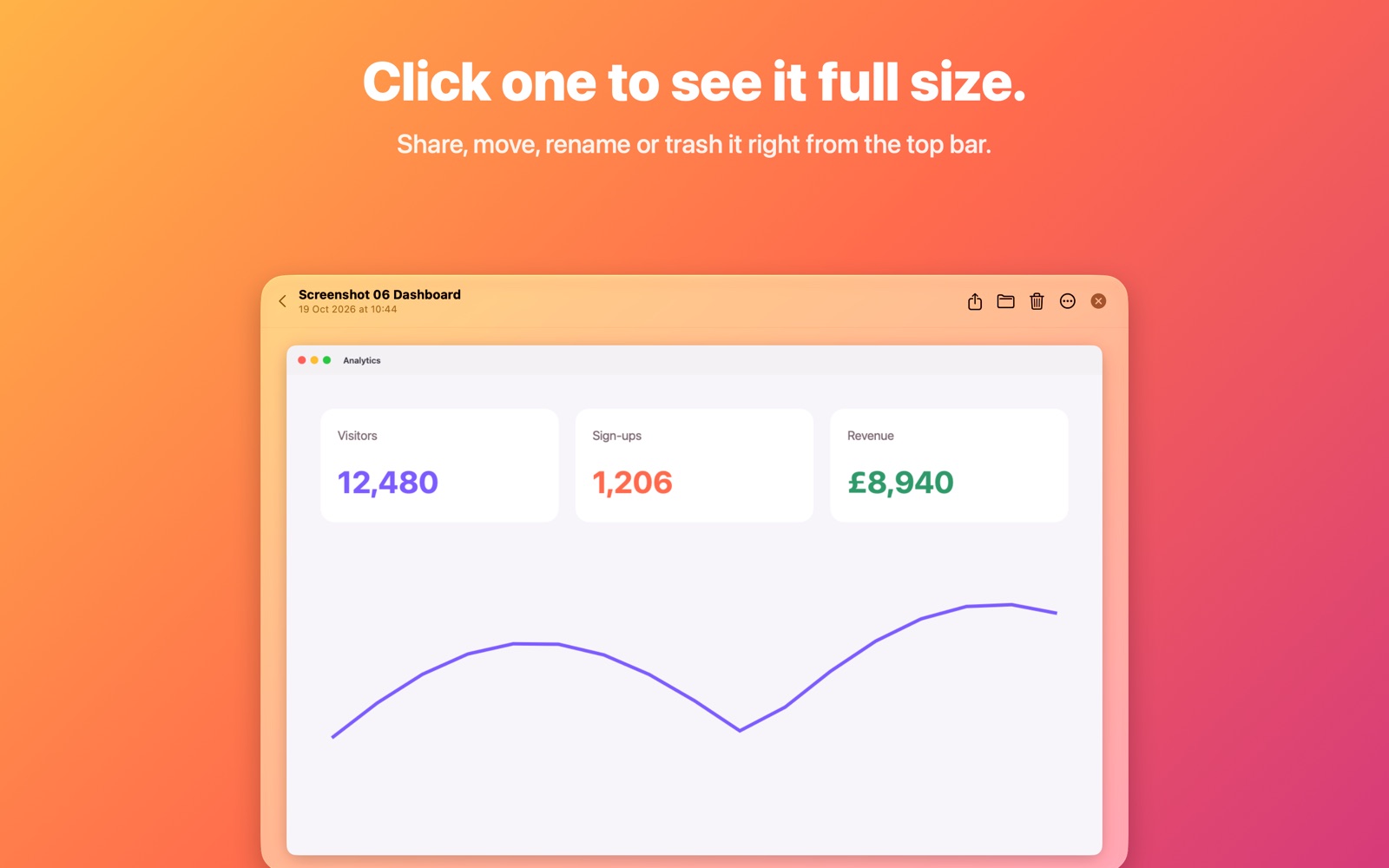 A screenshot opened full size in Shotbox, with share, move and trash buttons